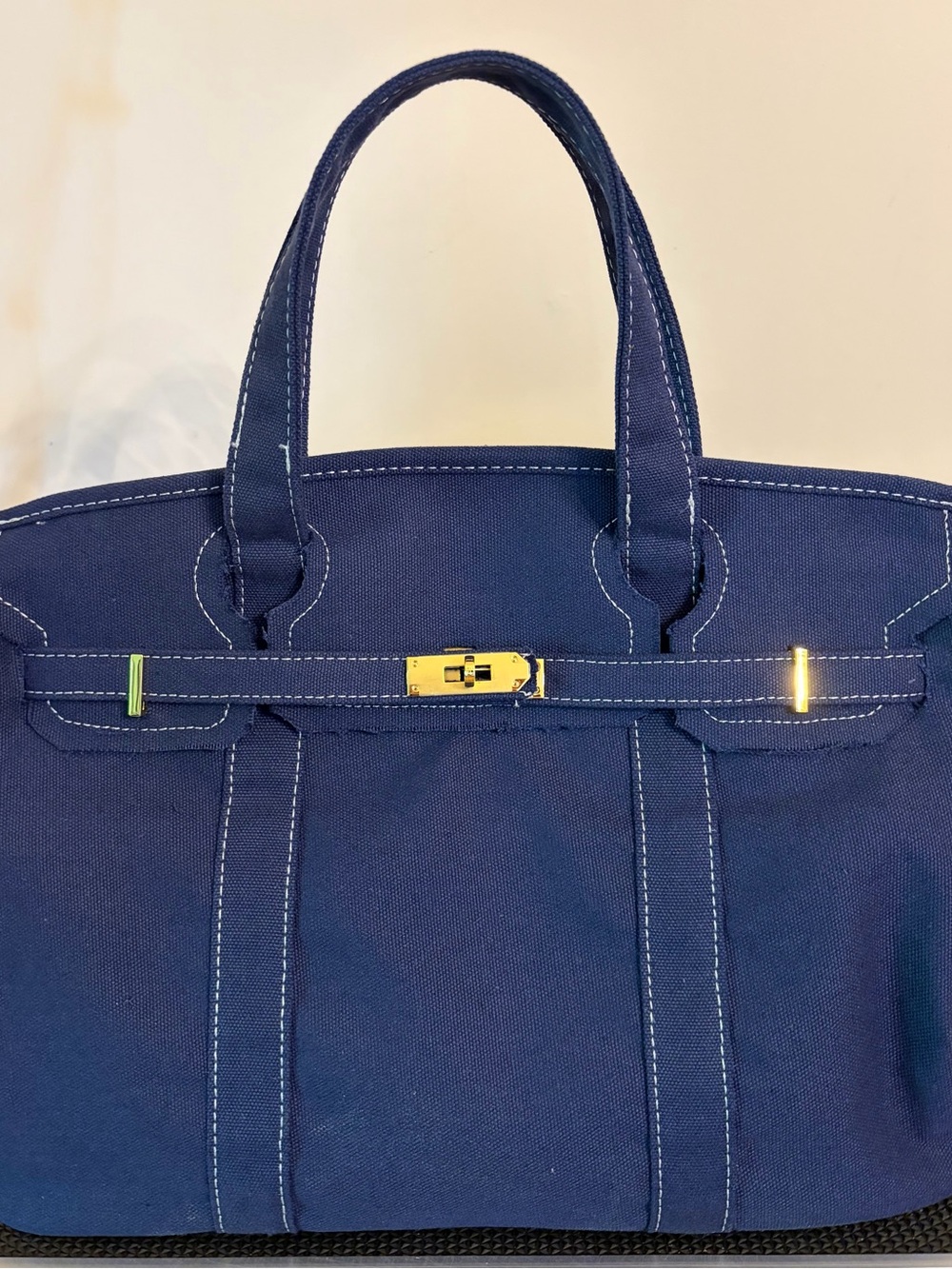Canvas Navy Satchel Tote with Gold Hardware